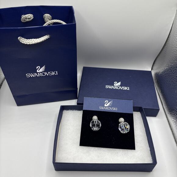 Swarovski Swan Signed Silver Tone Crystal Ball Dangle Post Earrings With Box - Picture 1 of 9
